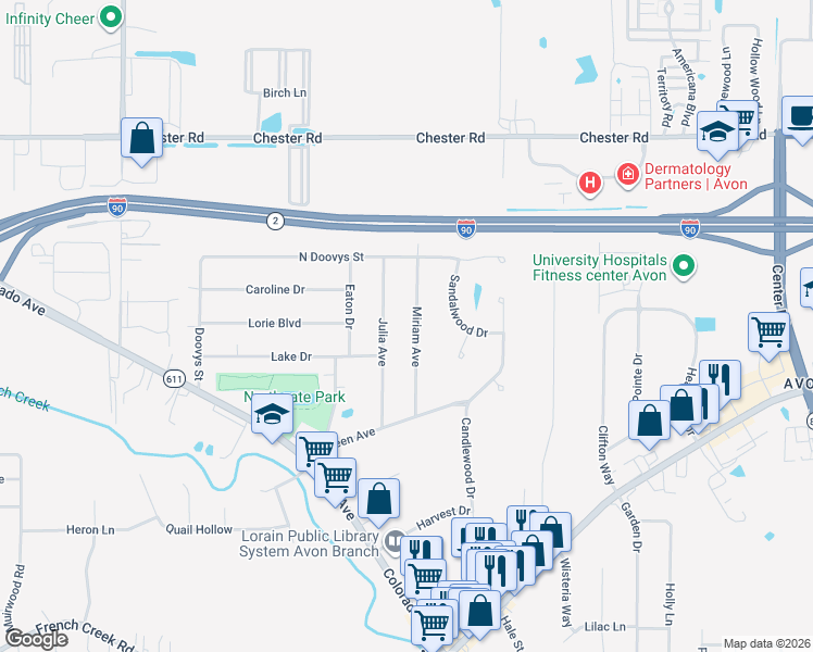 map of restaurants, bars, coffee shops, grocery stores, and more near 1952 Miriam Avenue in Avon