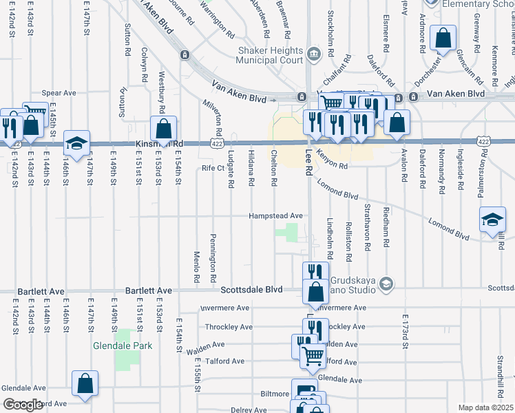 map of restaurants, bars, coffee shops, grocery stores, and more near 3603 Hildana Road in Shaker Heights