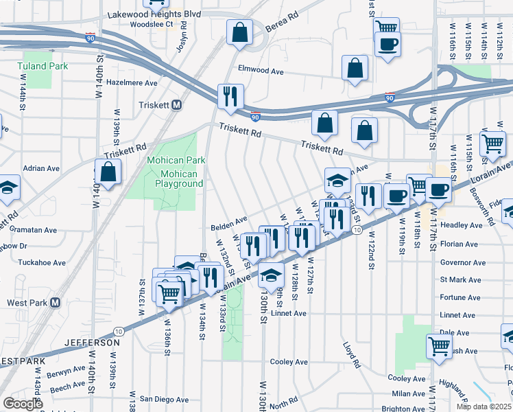 map of restaurants, bars, coffee shops, grocery stores, and more near 3346 West 129th Street in Cleveland