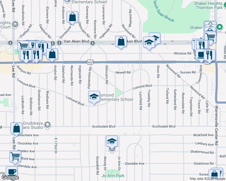 map of restaurants, bars, coffee shops, grocery stores, and more near 3610 Gridley Road in Shaker Heights