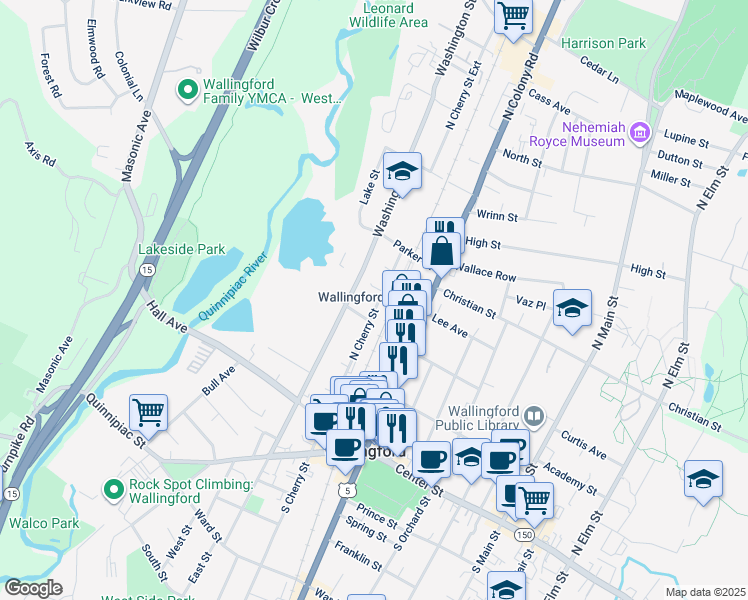 map of restaurants, bars, coffee shops, grocery stores, and more near 178 North Cherry Street in Wallingford