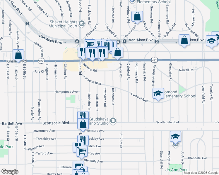 map of restaurants, bars, coffee shops, grocery stores, and more near 17012 Lomond Boulevard in Shaker Heights