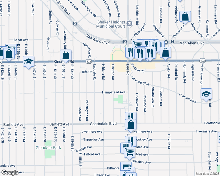 map of restaurants, bars, coffee shops, grocery stores, and more near 3603 Chelton Road in Shaker Heights