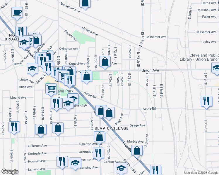 map of restaurants, bars, coffee shops, grocery stores, and more near 3570 East 72nd Street in Cleveland