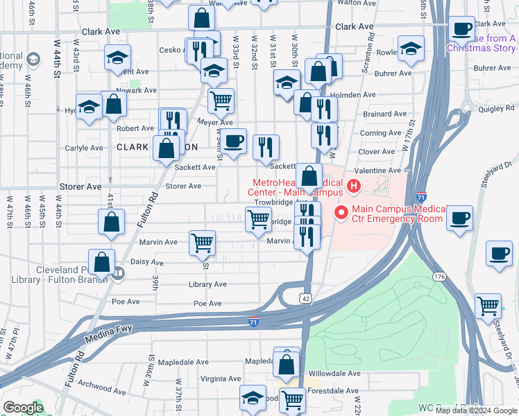 map of restaurants, bars, coffee shops, grocery stores, and more near 3121 Trowbridge Avenue in Cleveland