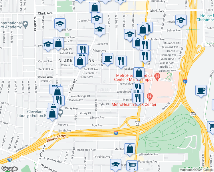 map of restaurants, bars, coffee shops, grocery stores, and more near 3241 Trowbridge Avenue in Cleveland