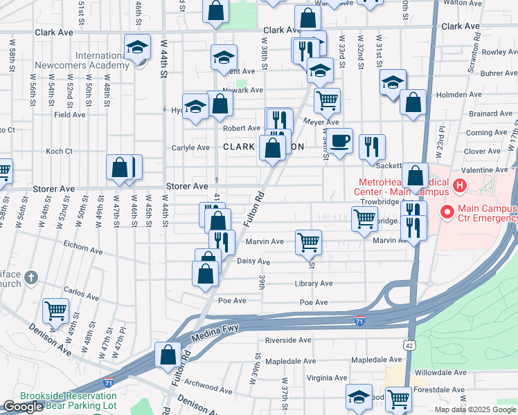 map of restaurants, bars, coffee shops, grocery stores, and more near in Cleveland