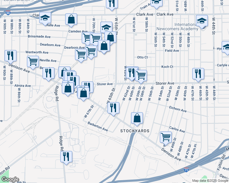 map of restaurants, bars, coffee shops, grocery stores, and more near 3407 West 65th Street in Cleveland