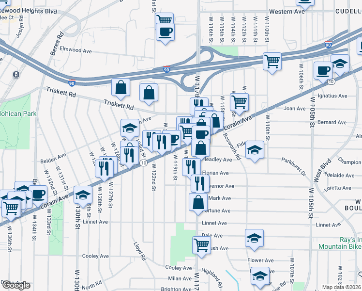 map of restaurants, bars, coffee shops, grocery stores, and more near 11906 Lorain Avenue in Cleveland
