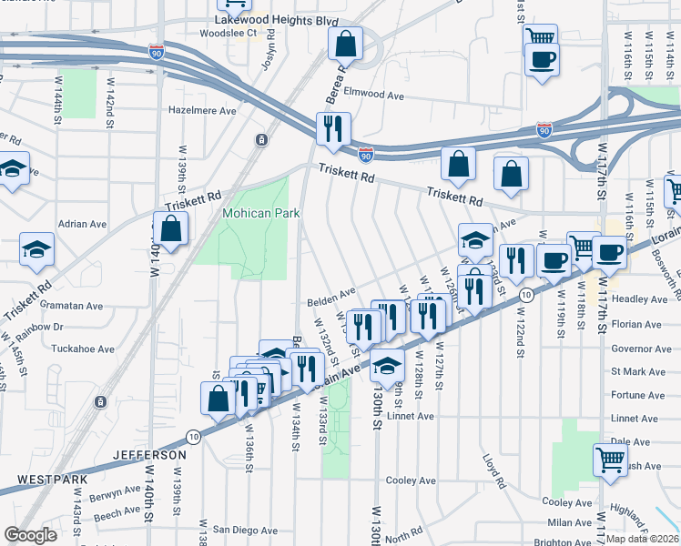 map of restaurants, bars, coffee shops, grocery stores, and more near 3347 West 131st Street in Cleveland