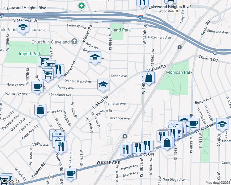 map of restaurants, bars, coffee shops, grocery stores, and more near 14411 Rainbow Avenue in Cleveland
