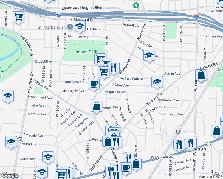 map of restaurants, bars, coffee shops, grocery stores, and more near 15038 Grapeland Avenue in Cleveland