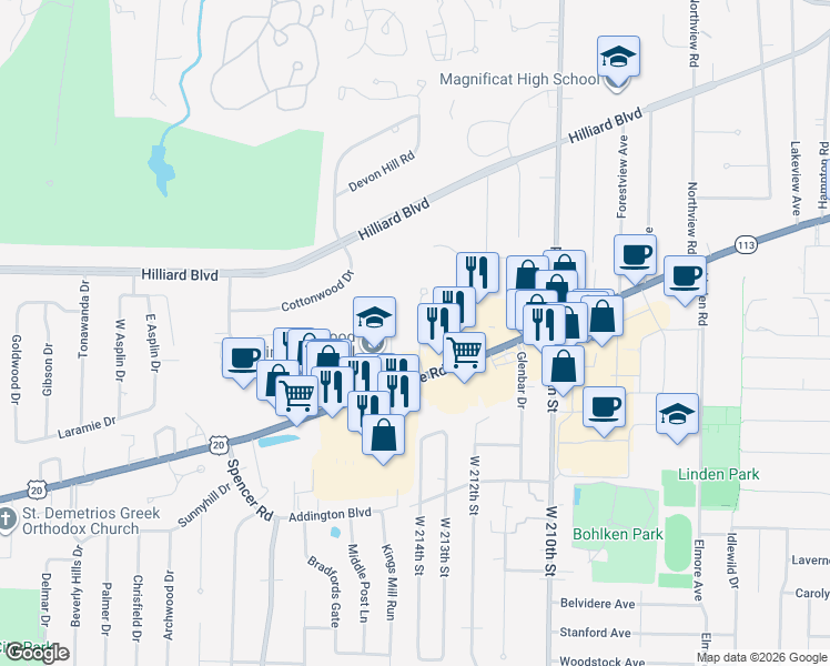 map of restaurants, bars, coffee shops, grocery stores, and more near 2900 Pease Drive in Rocky River