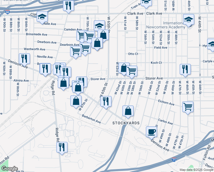 map of restaurants, bars, coffee shops, grocery stores, and more near 3407 West 65th Street in Cleveland