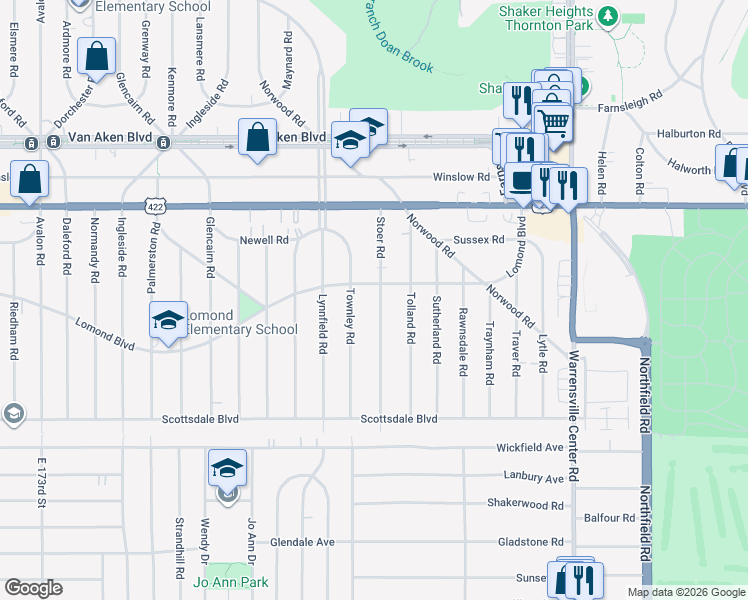 map of restaurants, bars, coffee shops, grocery stores, and more near 3610 Stoer Road in Shaker Heights