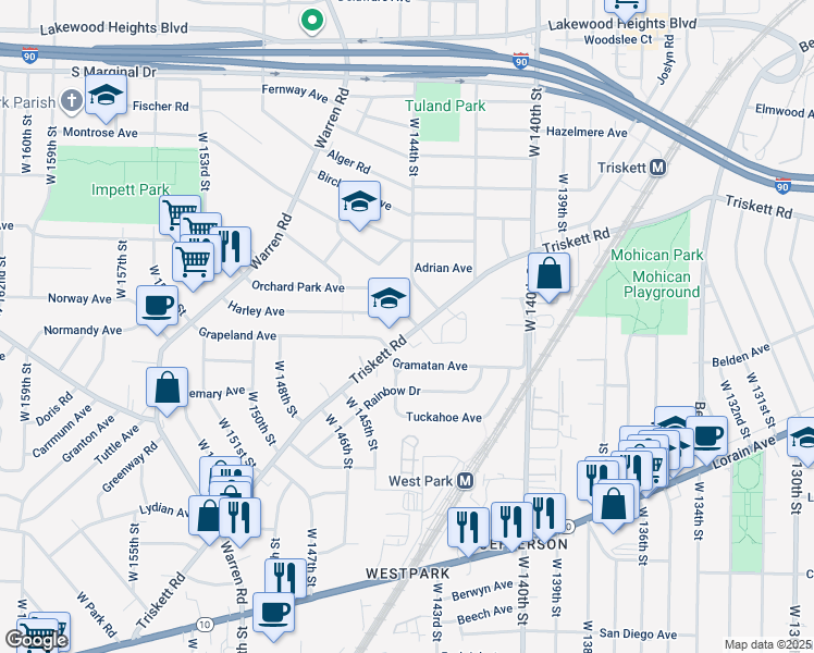 map of restaurants, bars, coffee shops, grocery stores, and more near 14436 Triskett Road in Cleveland