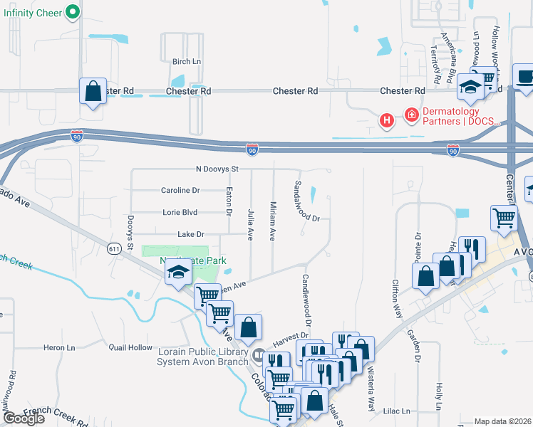 map of restaurants, bars, coffee shops, grocery stores, and more near 1952 Miriam Avenue in Avon