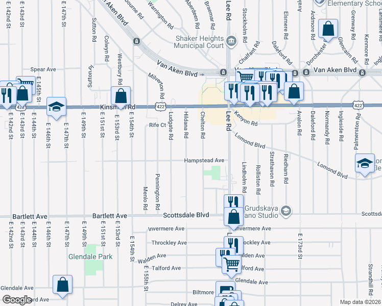 map of restaurants, bars, coffee shops, grocery stores, and more near 3603 Hildana Road in Shaker Heights