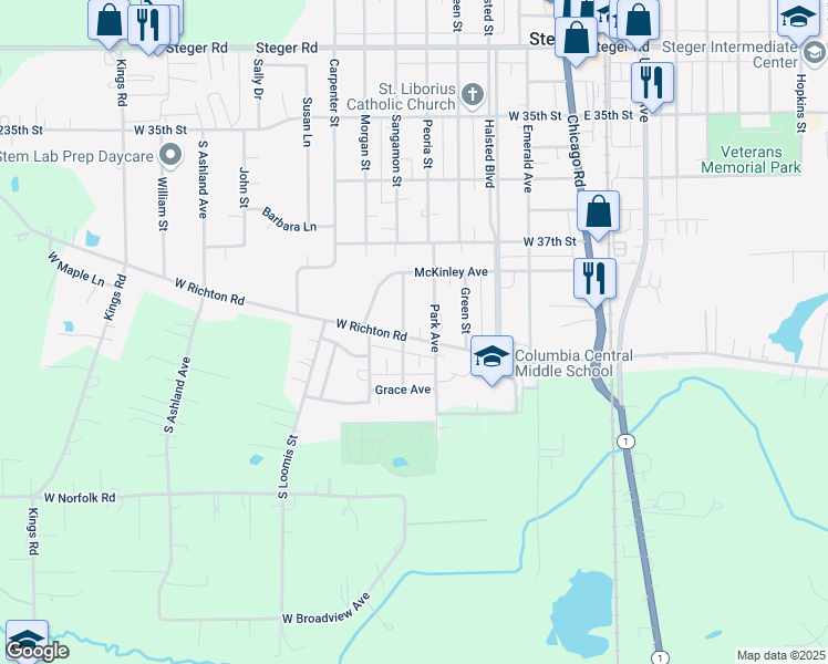 map of restaurants, bars, coffee shops, grocery stores, and more near 137 West Richton Road in Steger