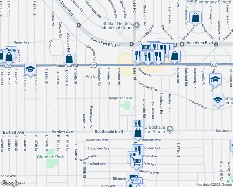 map of restaurants, bars, coffee shops, grocery stores, and more near 3603 Chelton Road in Shaker Heights