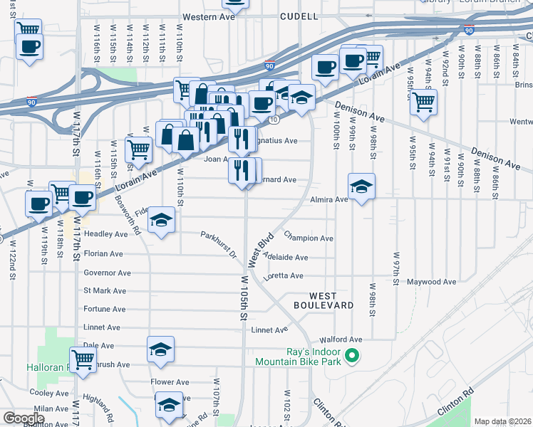 map of restaurants, bars, coffee shops, grocery stores, and more near 10402 Fidelity Avenue in Cleveland