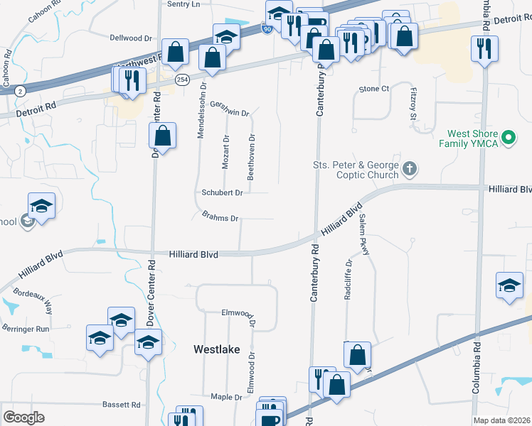 map of restaurants, bars, coffee shops, grocery stores, and more near 26702 Brahms Drive in Westlake