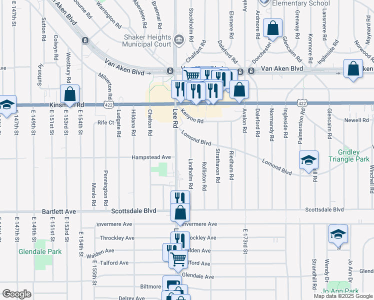 map of restaurants, bars, coffee shops, grocery stores, and more near 3602 Lindholm Rd in Shaker Heights