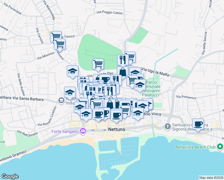 map of restaurants, bars, coffee shops, grocery stores, and more near 14 Via Arcione in Nettuno