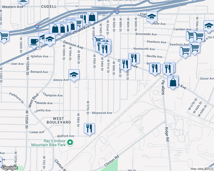 map of restaurants, bars, coffee shops, grocery stores, and more near 3388 West 91st Street in Cleveland