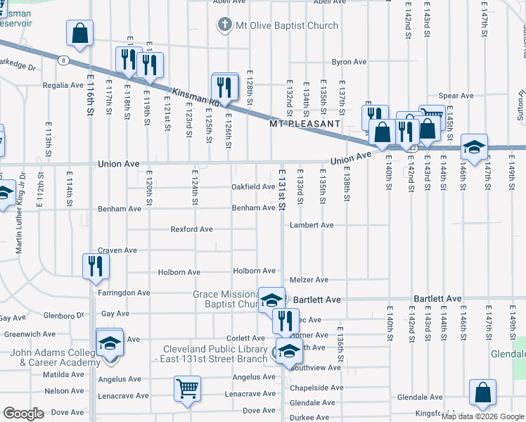 map of restaurants, bars, coffee shops, grocery stores, and more near 3577 East 129th Street in Cleveland
