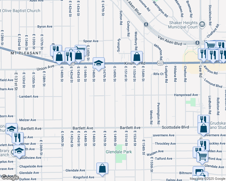 map of restaurants, bars, coffee shops, grocery stores, and more near 3602 East 149th Street in Cleveland