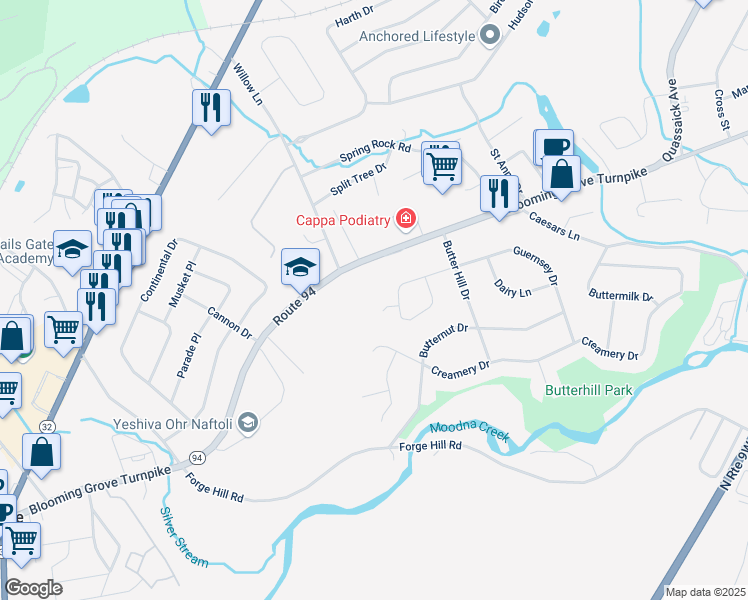 map of restaurants, bars, coffee shops, grocery stores, and more near 4 Jersey Court in New Windsor