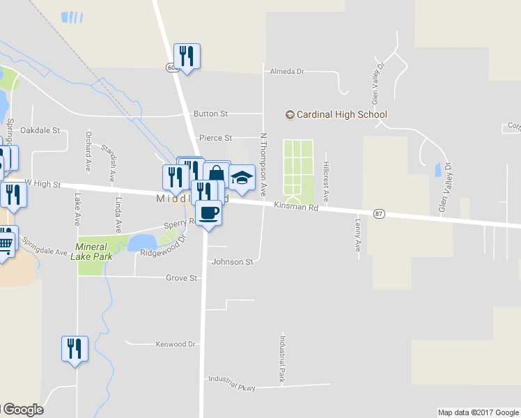 map of restaurants, bars, coffee shops, grocery stores, and more near 16039 East High Street in Middlefield