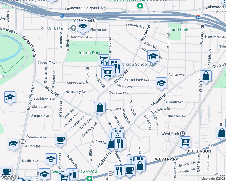 map of restaurants, bars, coffee shops, grocery stores, and more near 15038 Grapeland Avenue in Cleveland