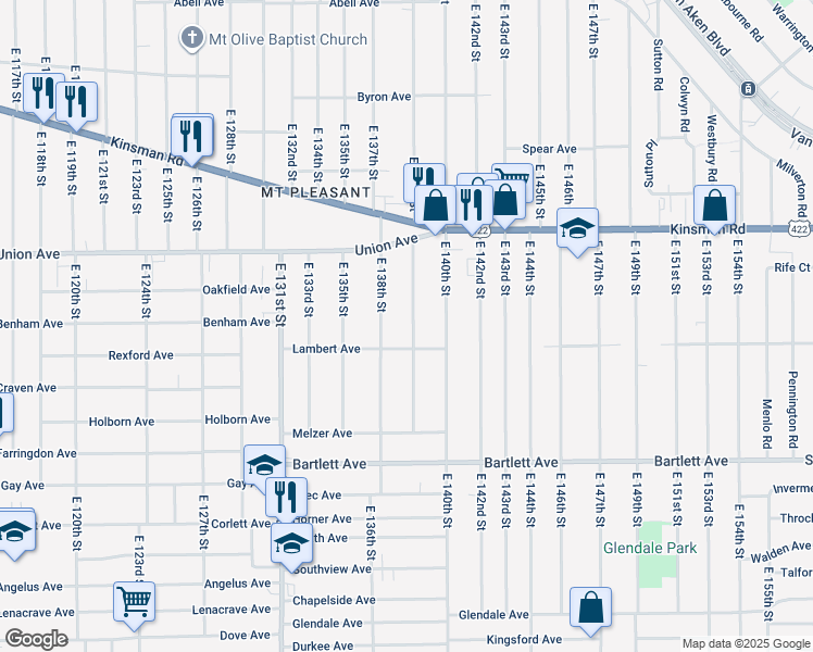 map of restaurants, bars, coffee shops, grocery stores, and more near 3590 East 139th Street in Cleveland