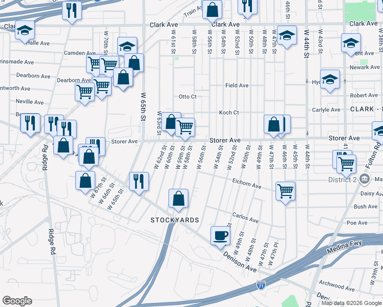 map of restaurants, bars, coffee shops, grocery stores, and more near 3407 West 58th Street in Cleveland