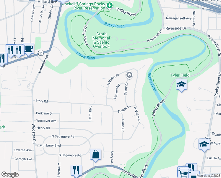 map of restaurants, bars, coffee shops, grocery stores, and more near 3873 N Valley Dr in Fairview Park