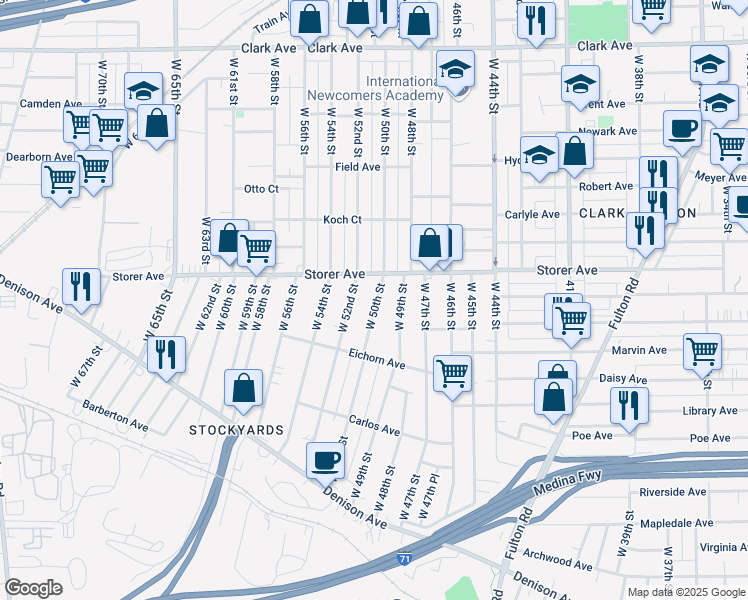 map of restaurants, bars, coffee shops, grocery stores, and more near 3414 West 50th Street in Cleveland