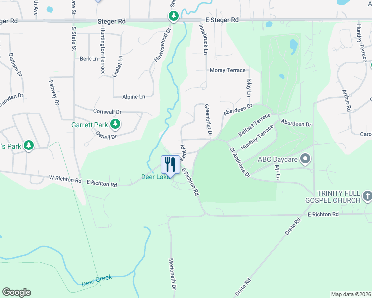 map of restaurants, bars, coffee shops, grocery stores, and more near 409 Surrey Lane in Crete