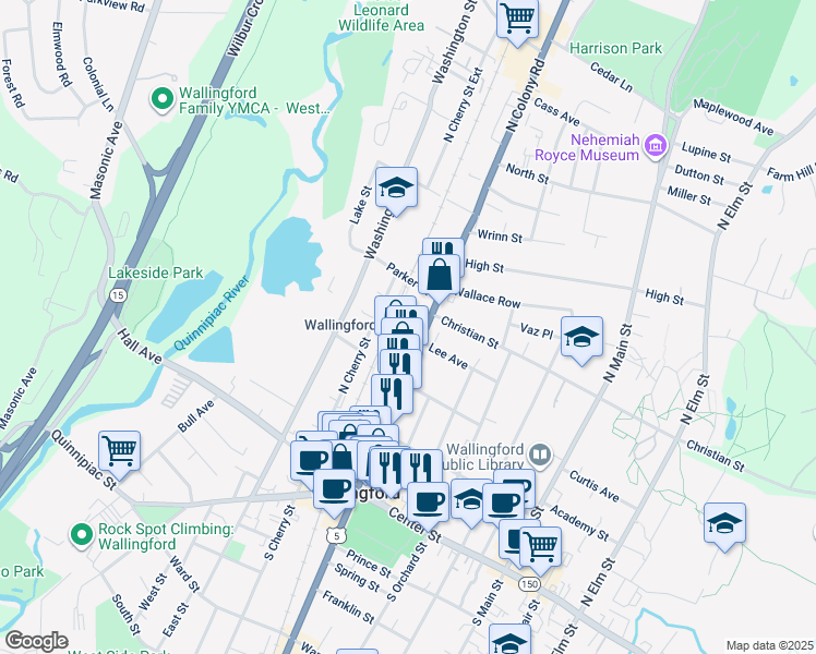 map of restaurants, bars, coffee shops, grocery stores, and more near 280 North Colony Street in Wallingford