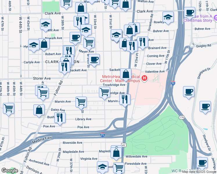map of restaurants, bars, coffee shops, grocery stores, and more near 3121 Trowbridge Avenue in Cleveland