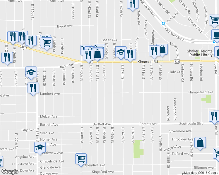 map of restaurants, bars, coffee shops, grocery stores, and more near 3598 East 146th Street in Cleveland
