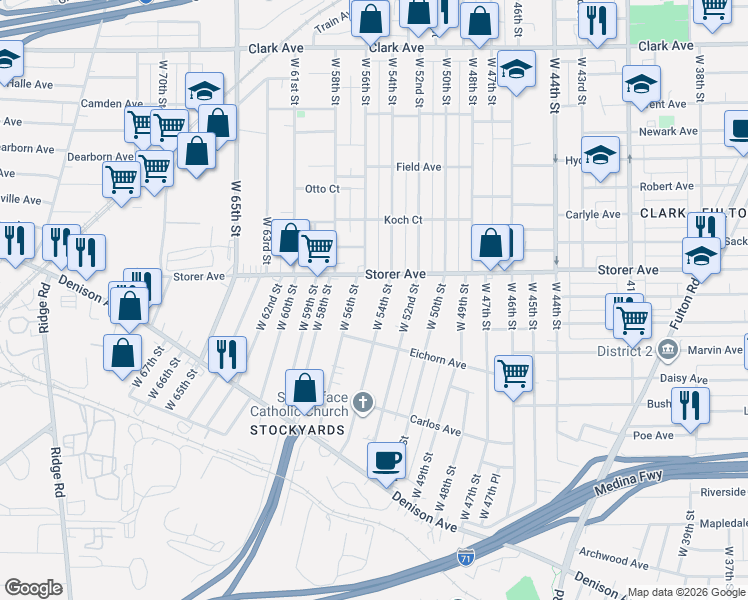 map of restaurants, bars, coffee shops, grocery stores, and more near 3414 West 54th Street in Cleveland