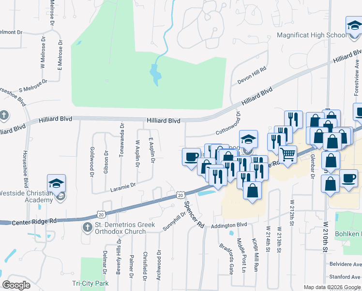 map of restaurants, bars, coffee shops, grocery stores, and more near 2700 River Oaks Drive in Rocky River
