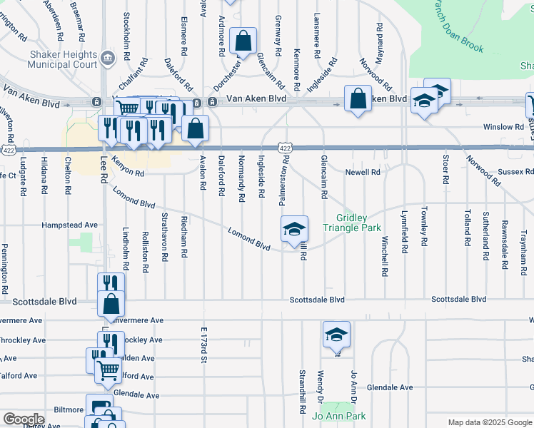 map of restaurants, bars, coffee shops, grocery stores, and more near 3605 Ingleside Road in Shaker Heights