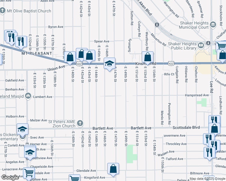 map of restaurants, bars, coffee shops, grocery stores, and more near 3598 East 147th Street in Cleveland