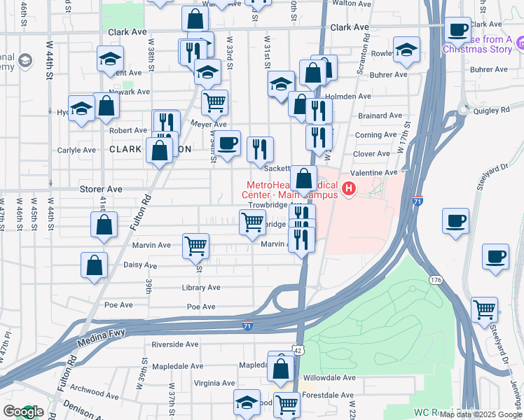 map of restaurants, bars, coffee shops, grocery stores, and more near 3121 Trowbridge Avenue in Cleveland