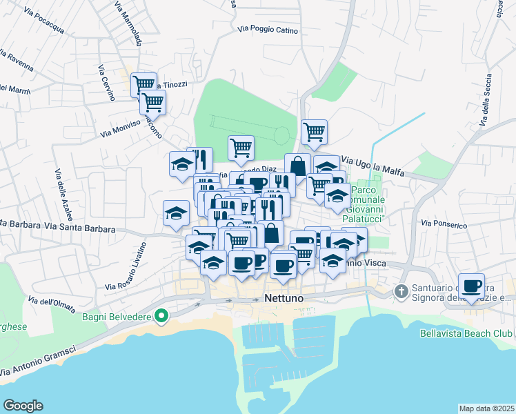 map of restaurants, bars, coffee shops, grocery stores, and more near 49/B Via Arcione in Nettuno