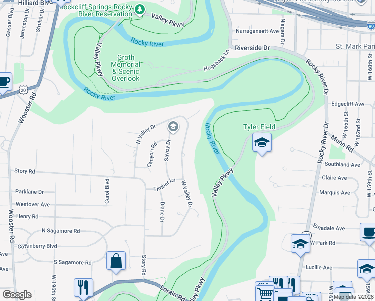 map of restaurants, bars, coffee shops, grocery stores, and more near 3871 West Valley Drive in Fairview Park