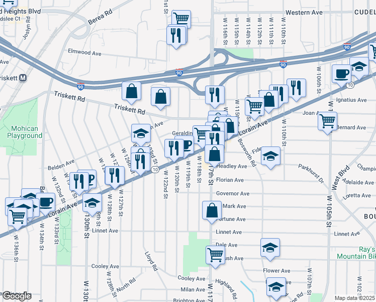 map of restaurants, bars, coffee shops, grocery stores, and more near 11906 Lorain Avenue in Cleveland